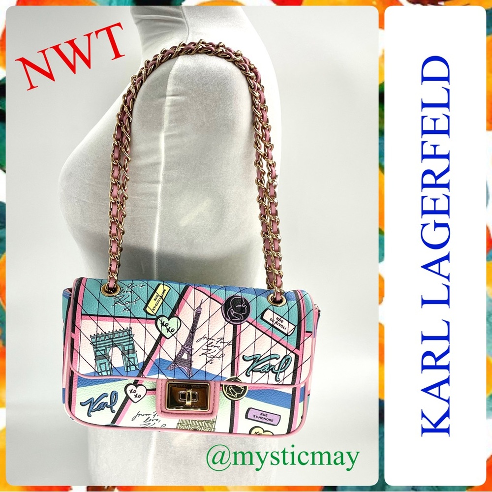 New KARL LAGERFELD Agyness Blush Pink Paris Landmark Print Shoulder Bag Purse